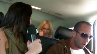 Crazy bitches have joy in the car with chap