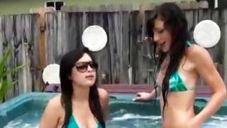 Passionate beauties playing in pool and having 3some fuck with dude